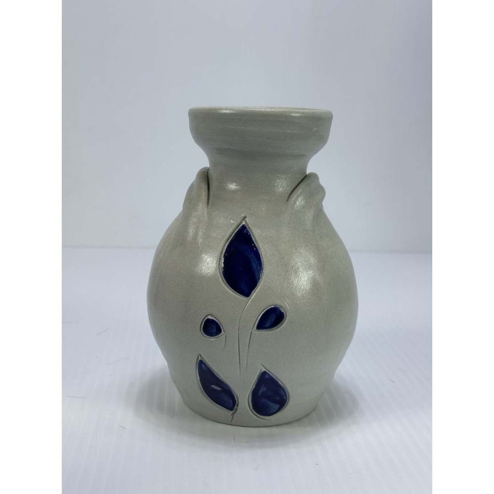 Vintage Williamsburg Pottery Stoneware Salt Glaze Vase‎ Blue Floral Flower 6.5"